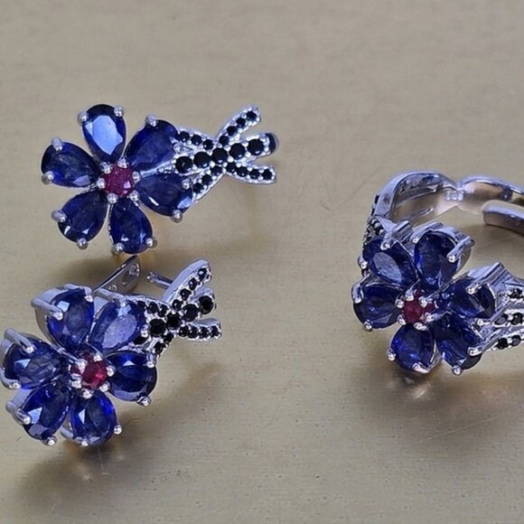 925 Sterling Silver Jewelry Set ( Earrings/ Ring 7.5) with Sapphire & Ruby Gems - Picture 11 of 12